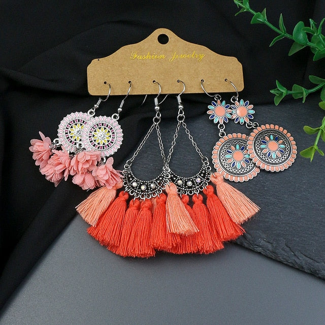 Boho Ethnic Feather Flower Vintage Earrings Set For Women