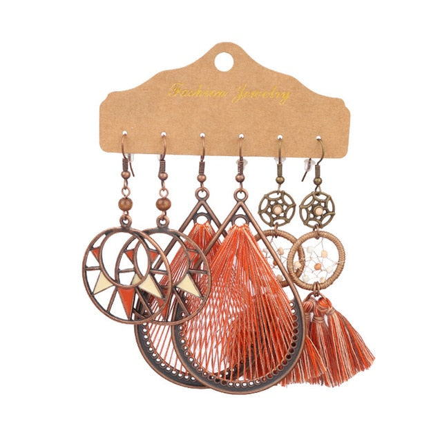 Boho Ethnic Feather Flower Vintage Earrings Set For Women