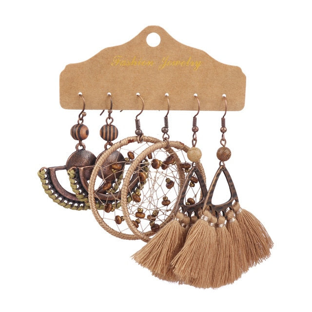 Boho Ethnic Feather Flower Vintage Earrings Set For Women