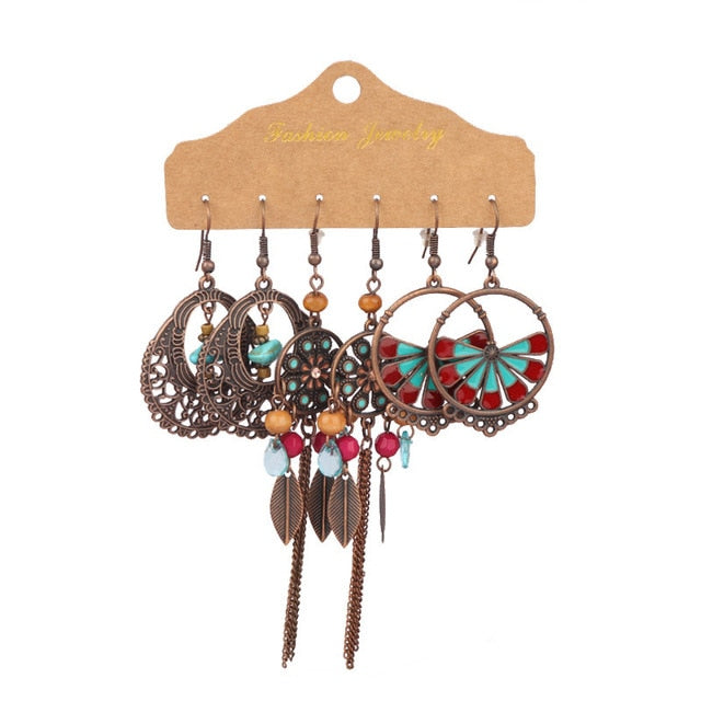 Boho Ethnic Feather Flower Vintage Earrings Set For Women