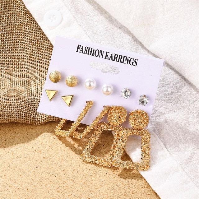 Gold Color Geometric Round Earrings Set For Women