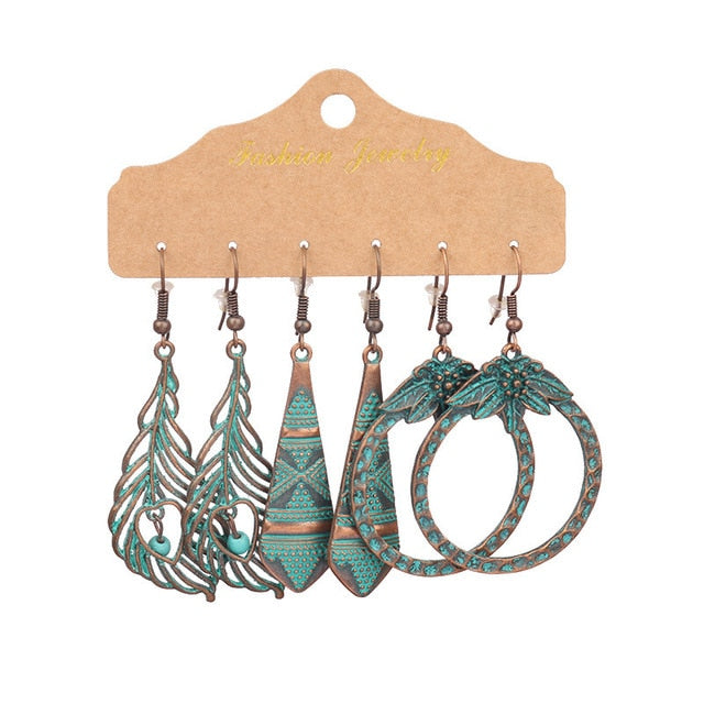 Boho Ethnic Feather Flower Vintage Earrings Set For Women