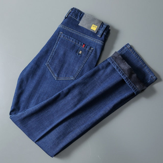 Stretch Cotton Thick Fleece Denim Pants- Jeans