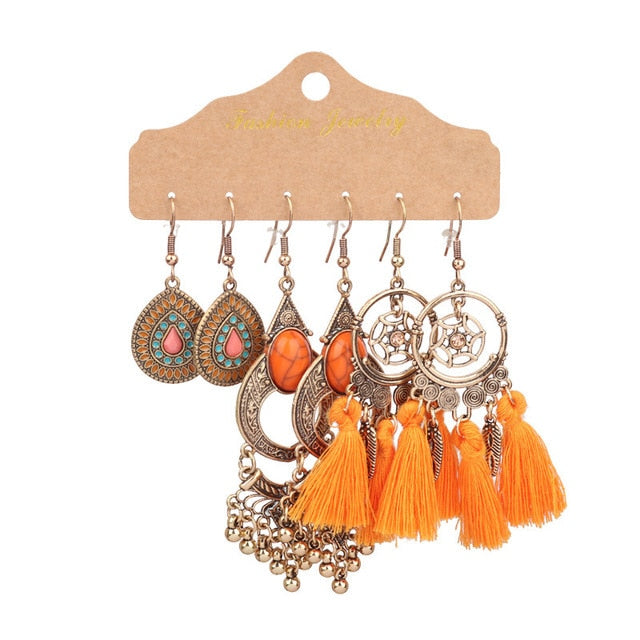 Boho Ethnic Feather Flower Vintage Earrings Set For Women