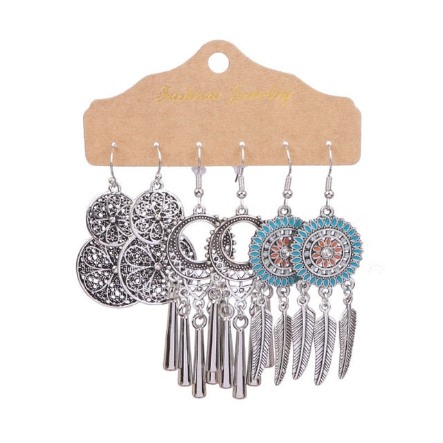 Boho Ethnic Feather Flower Vintage Earrings Set For Women