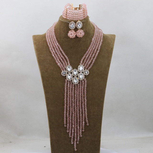 Long Design Blue Beads Crystal Jewelry Set Women