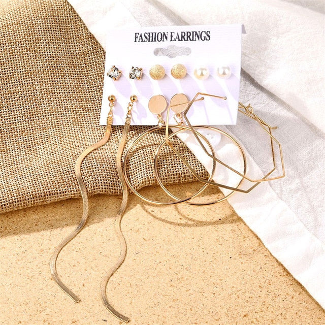 Gold Color Geometric Round Earrings Set For Women
