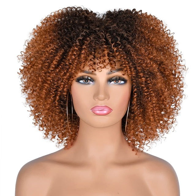 Short Hair Afro Kinky Curly Synthetic Wigs With Bangs