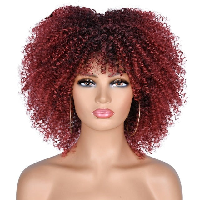 Short Hair Afro Kinky Curly Synthetic Wigs With Bangs