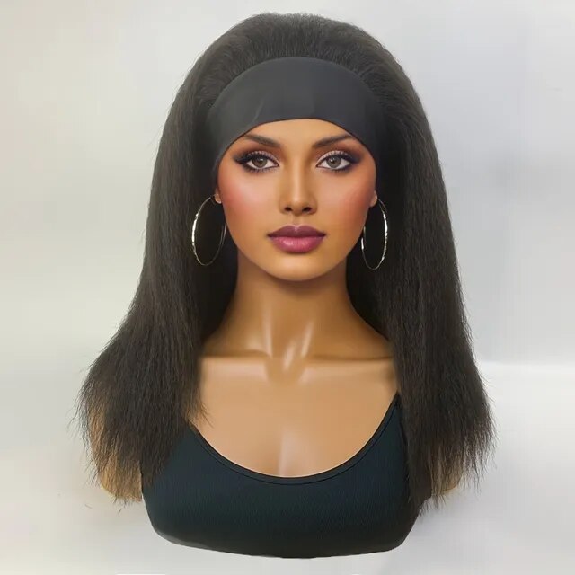 Straight Headband Wig Natural Black Medium Length Wig Afro Kinky Free Part