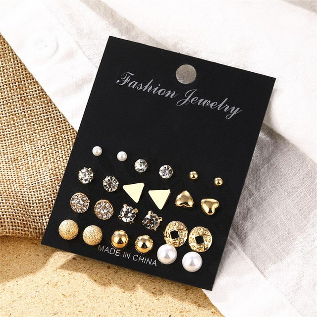 Gold Color Geometric Round Earrings Set For Women