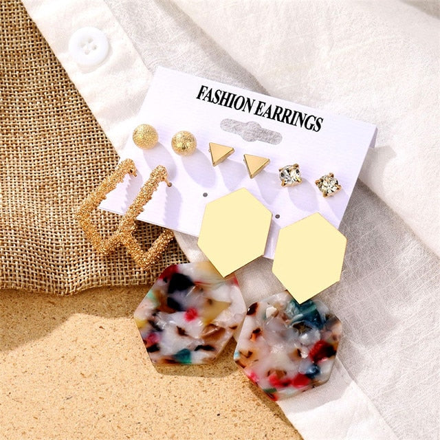 Gold Color Geometric Round Earrings Set For Women