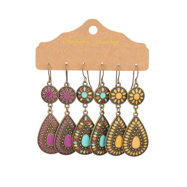 Boho Ethnic Feather Flower Vintage Earrings Set For Women