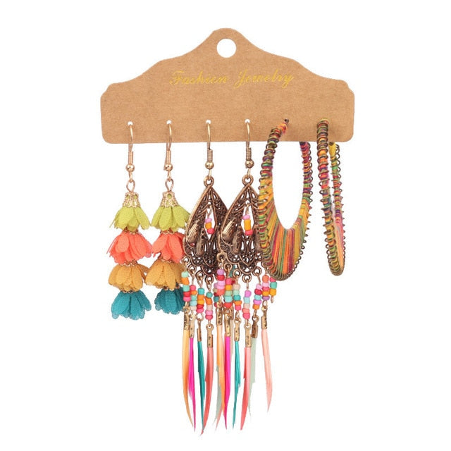 Boho Ethnic Feather Flower Vintage Earrings Set For Women