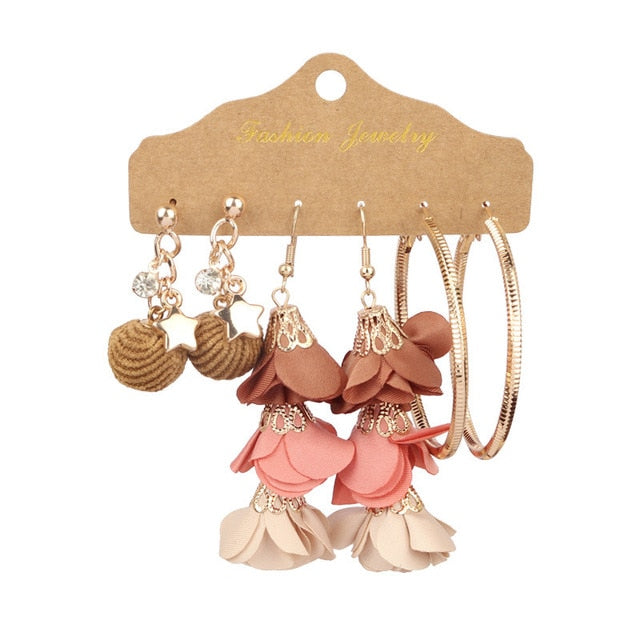 Boho Ethnic Feather Flower Vintage Earrings Set For Women