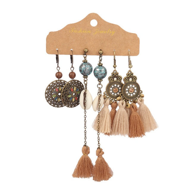 Boho Ethnic Feather Flower Vintage Earrings Set For Women