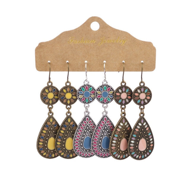 Boho Ethnic Feather Flower Vintage Earrings Set For Women