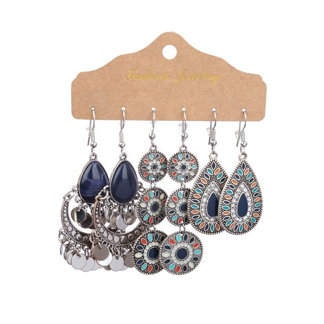 Boho Ethnic Feather Flower Vintage Earrings Set For Women