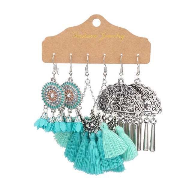 Boho Ethnic Feather Flower Vintage Earrings Set For Women