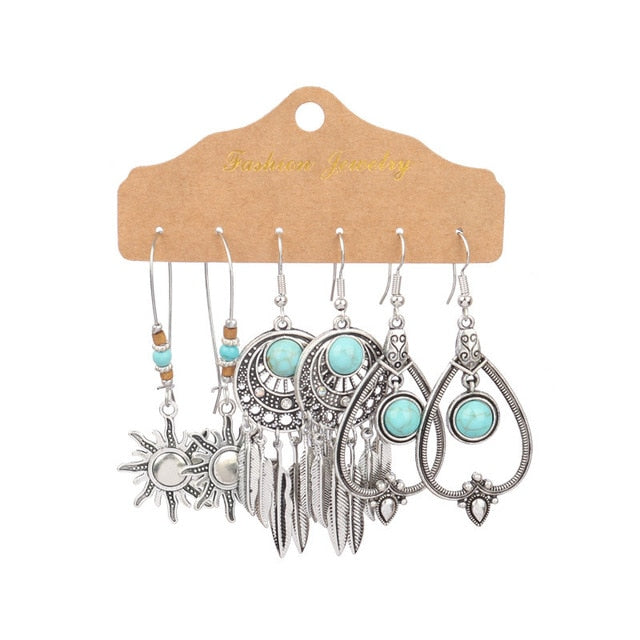 Boho Ethnic Feather Flower Vintage Earrings Set For Women