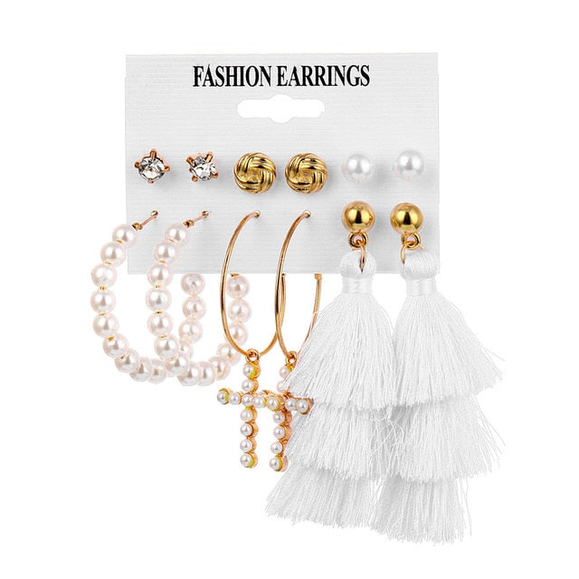 Pearl Crystal Stud Earrings Set For Women