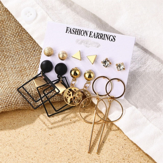Gold Color Geometric Round Earrings Set For Women