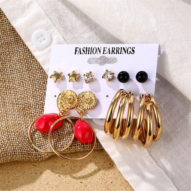 Gold Color Geometric Round Earrings Set For Women