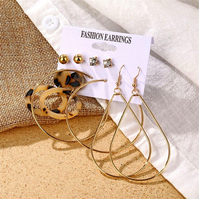 Gold Color Geometric Round Earrings Set For Women