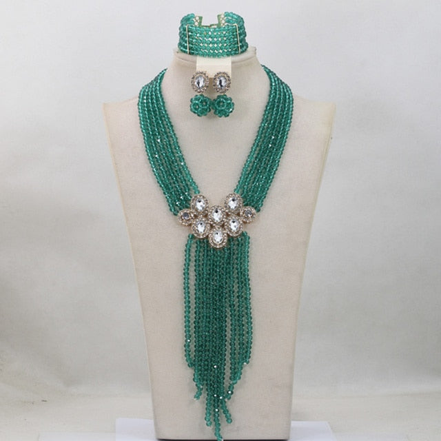Long Design Blue Beads Crystal Jewelry Set Women