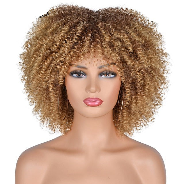 Short Hair Afro Kinky Curly Synthetic Wigs With Bangs