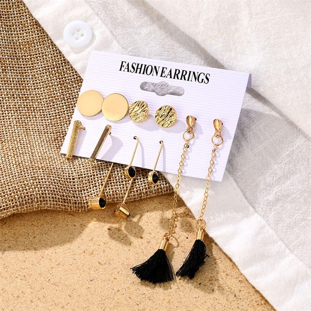 Gold Color Geometric Round Earrings Set For Women