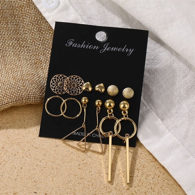 Gold Color Geometric Round Earrings Set For Women