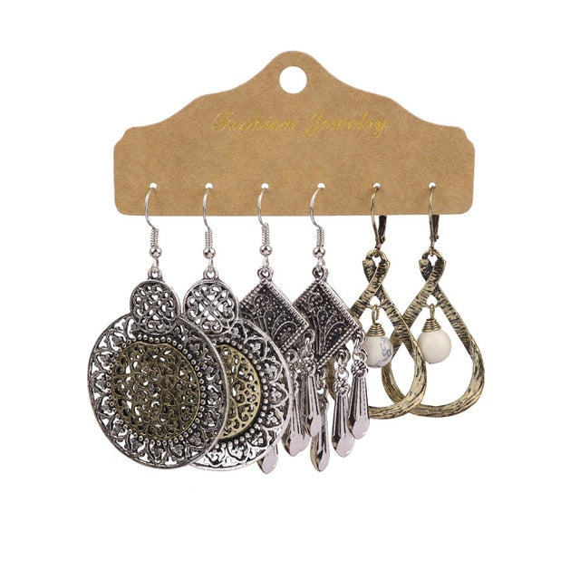 Boho Ethnic Feather Flower Vintage Earrings Set For Women