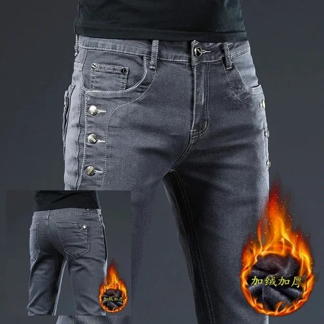 Winter Thick Plus Velvet Men Middle Waist Skinny Jeans