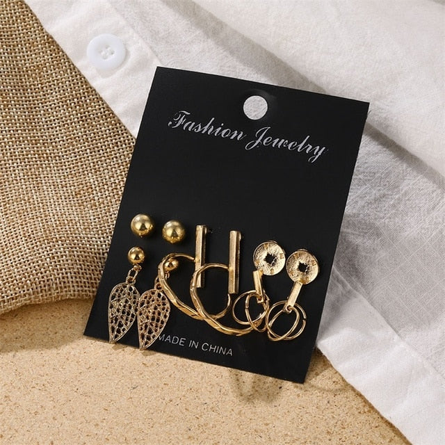 Gold Color Geometric Round Earrings Set For Women
