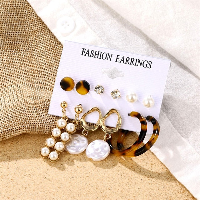 Gold Color Geometric Round Earrings Set For Women