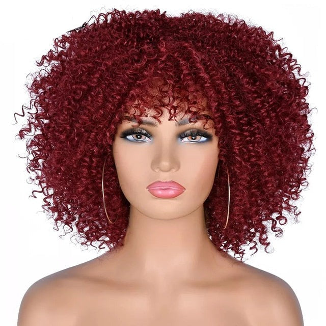 Short Hair Afro Kinky Curly Synthetic Wigs With Bangs