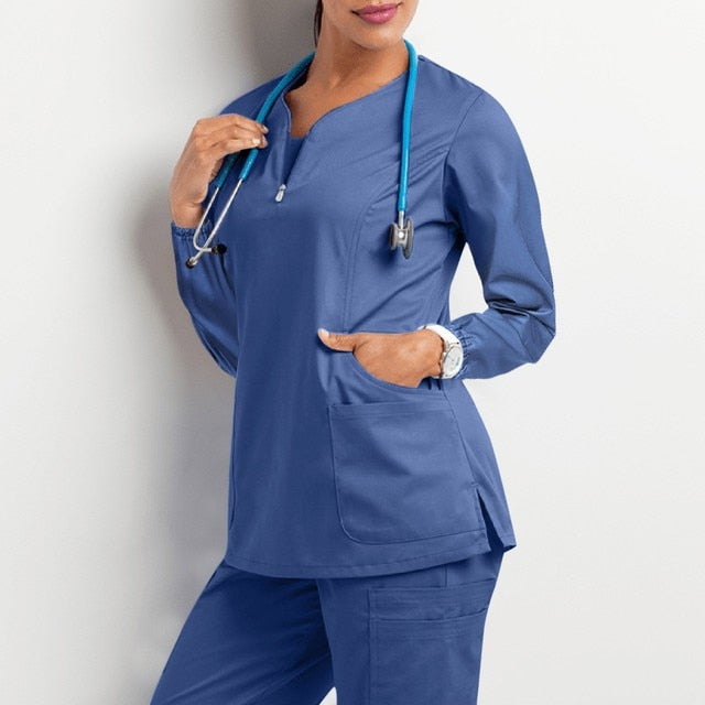 Zipper V Neck Long Sleeve Scrub Uniform Top