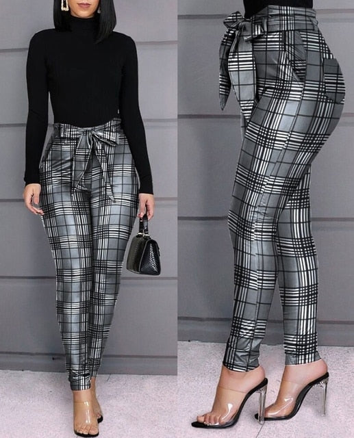 High Waist Tied Detail Fashion Sequins Casual Skinny Pants with Belt