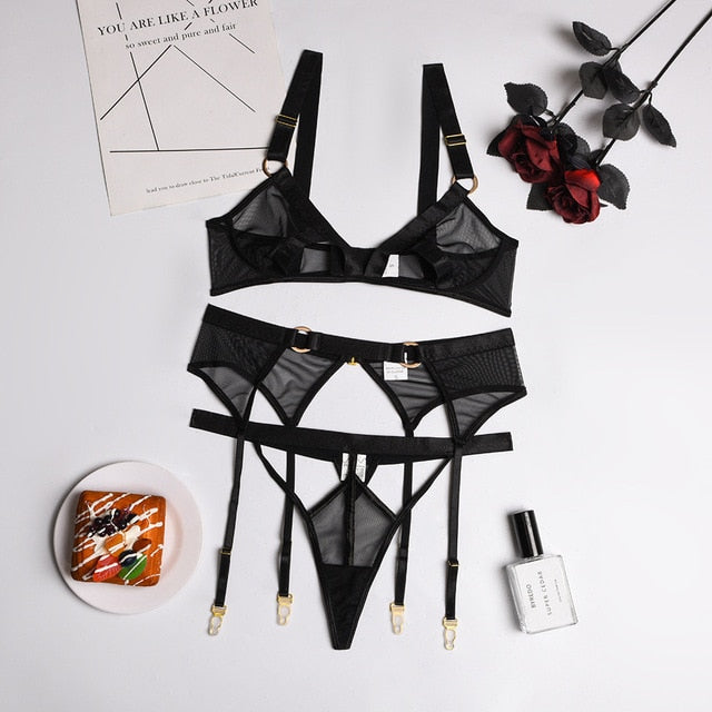Cut Out Bra Underwear Outfit G string Lingerie Sexy Set 3-pieces