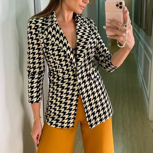 Small Suit Houndstooth Jacket Top for Women