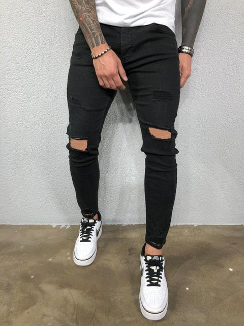 Skinny Knee Hole Ripped Denim Pants- Jeans
