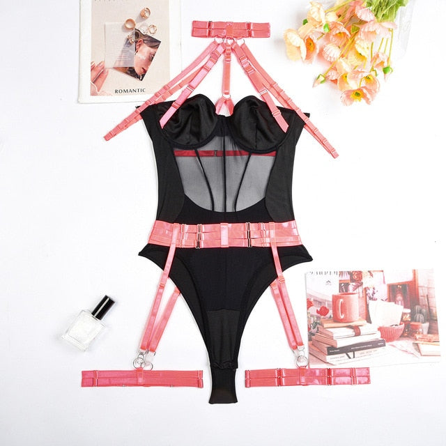 Mesh Body Halter Bandage BodySuit Sexy Lingerie Set