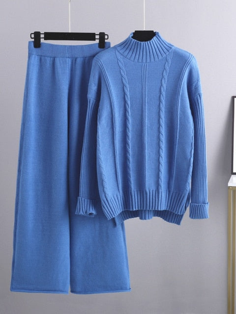 High Neck Sweater and Loose Pants- Two Piece Set