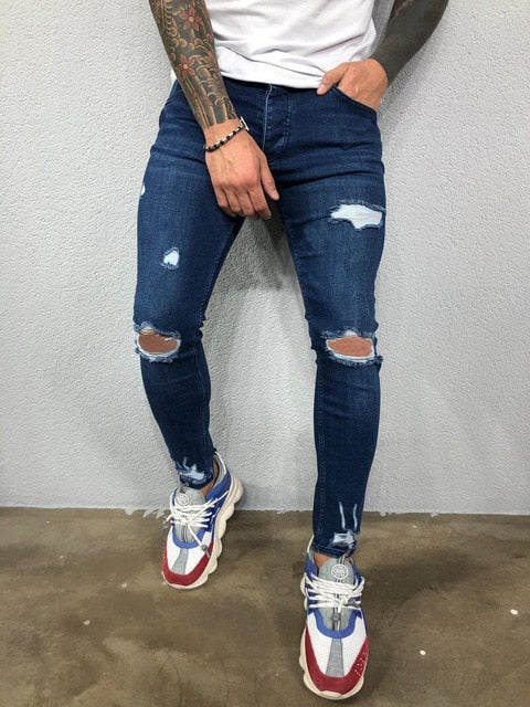 Skinny Knee Hole Ripped Denim Pants- Jeans