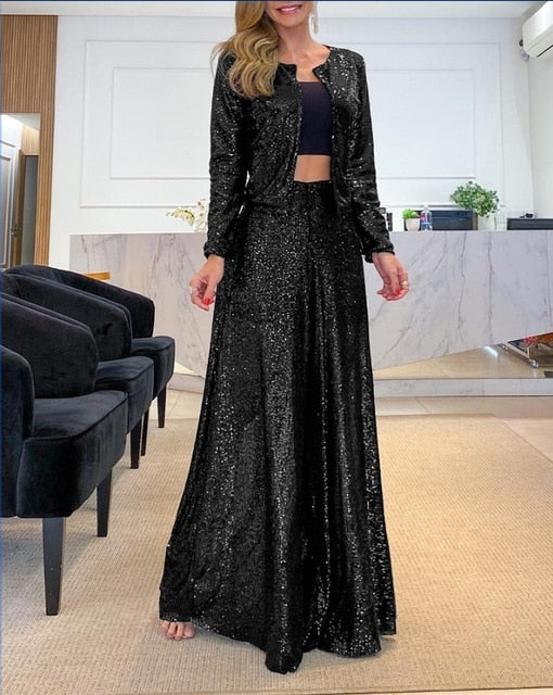 High Waist Sequin Long Loose Party Flared Pants