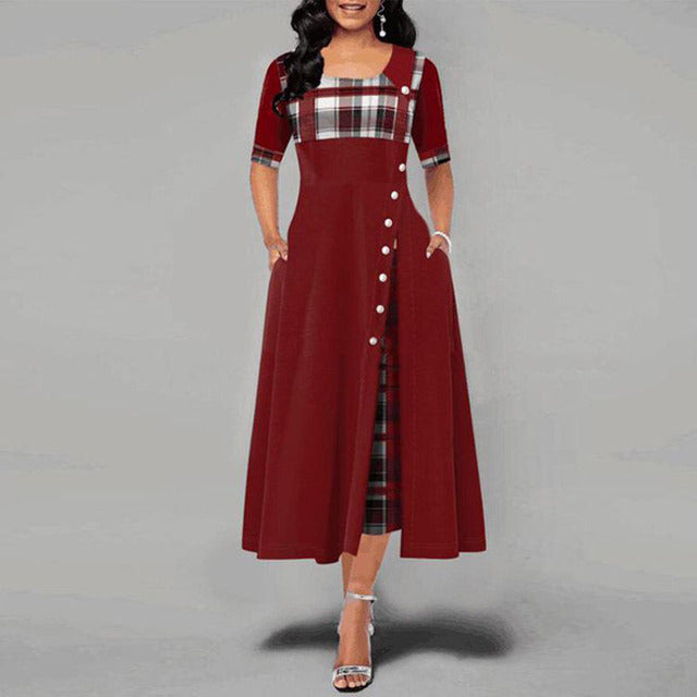 Fashion Half Sleeve Plaid Print Button Detail Maxi Dress