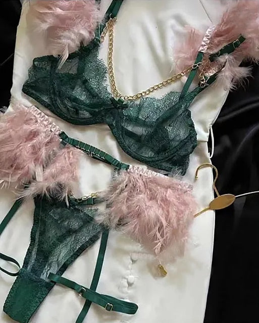 Lace Bra With Chain Exotic Sets 3 Piece Set Garter