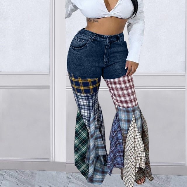 High-Waisted Plaid Print Flare Denim Jeans