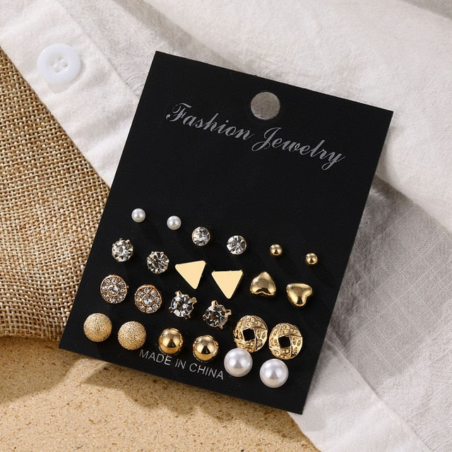 Pearl Crystal Stud Earrings Set For Women